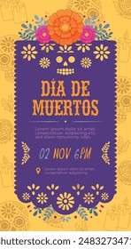 Plantilla de invitación del Día de los Muertos. Diseño en papel picado púrpura. Tradición mexicana.