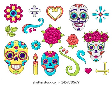 Day of the Dead items set. Sugar skulls with floral ornament. Mexican talavera ceramic tile traditional decorative objects.