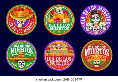 Day of the Dead labels for Dia De Los Muertos Mexican holiday, vector calavera skulls in sombrero. Dia De Los Muertos labels with Catrina calavera, marigold flowers ornament and dead photo on altar