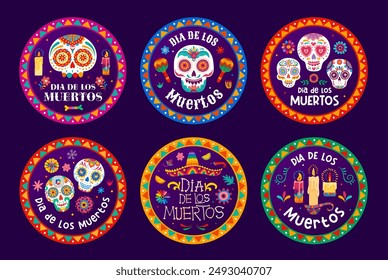 Day of the dead labels with sugar calavera skulls, dia de los muertos Mexican holiday badges with cartoon vector human calaca heads, burning candles and flowers. Creative round greeting stickers