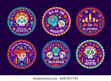 Day of the Dead labels with vector mexican Halloween sugar skulls and marigold flowers, sombrero hats, candles and maracas. Dia de los Muertos death carnival Catrina Calavera skeletons round tags