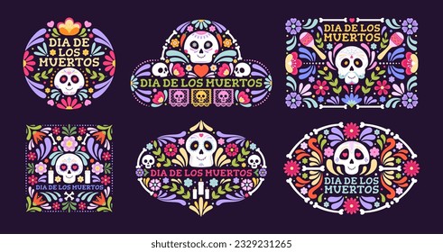 Day of dead latino floral banners. Mexican festival design with sugar skull, bones and flowers. Bright mexico party celebration racy vector prints