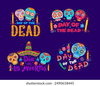 Iconos de letras del Día de Muertos con calaveras azucaradas de calavera para vacaciones en México, Anuncios de Vector. Calaveras de esqueleto con adorno floral mexicano en sombrero con pimientos jalapeños