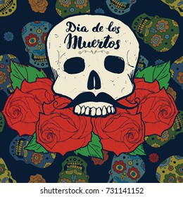 Day of the Dead, lettering quote with hand drawn skull and roses, vintage label, typography design or t-shirt print, vector illustration