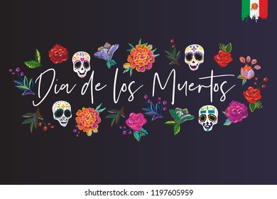 Day of the Dead: lettering text, element for decoration traditional mexican holiday. Hand drawn illustration in flat watercolor style on black background. 