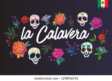 Day of the Dead: lettering text, element for decoration traditional mexican holiday. Hand drawn illustration in flat watercolor style on black background. 