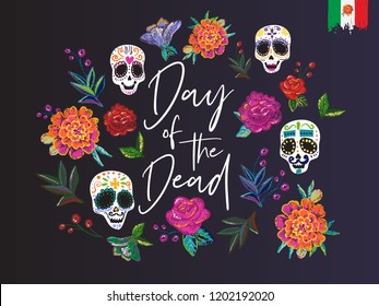 Day of the Dead: lettering text, element for decoration traditional mexican holiday. Hand drawn illustration in flat watercolor style on black background. 