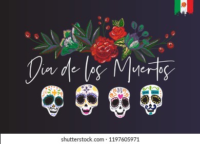 Day of the Dead: lettering text, embroidery, element for decoration traditional mexican holiday. Hand drawn illustration in flat watercolor style on black background. 