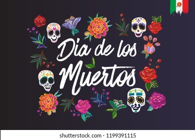 Day of the Dead: lettering text, embroidery, element for decoration traditional mexican holiday. Hand drawn illustration in flat watercolor style on black background. 