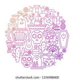 Day of the Dead Line Icon Circle Design. Vector Illustration of Holiday Objects Isolated over White.