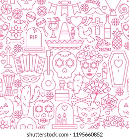 Day of the Dead Line Seamless Pattern. Vector Illustration of Outline Tileable Background.