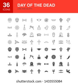 Day of the Dead Line Web Glyph Icons. Vector Illustration of Dia De los Muertos Outline and Solid Symbols. 