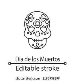 Day of the Dead linear icon. Thin line illustration. Skull with floral ornament. October 31st. Dia de Muertos. Contour symbol. Vector isolated outline drawing. Editable stroke