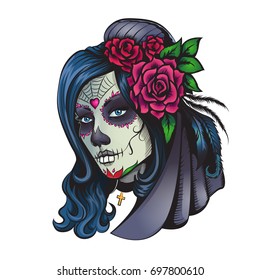 Day of dead makeup girl with flowers in hair illustration