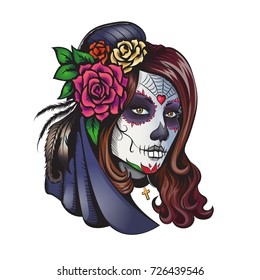 Day Of Dead Make-up Girl With Flowers In Hair Illustration