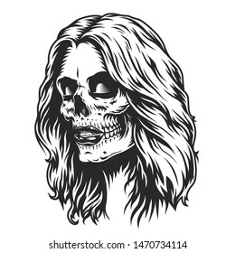Day of Dead makeup girl head in vintage monochrome style isolated vector illustration
