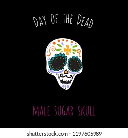 Day of the Dead: male sugar skull element for decoration traditional mexican holiday. Hand drawn illustration in watercolor style on black background. 