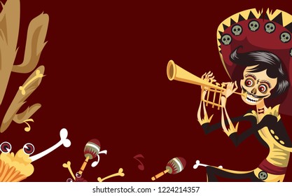 Day of the Dead man skeleton playing on trumpet poster