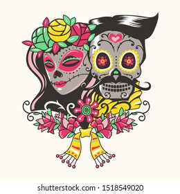 Day of the Dead Mariachi and Catrina Skeleton Illustration for Decoration, Invitation, Poster and Flyer