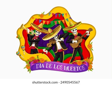 Day of the Dead mariachi musicians band in paper cut shape for Mexican holiday, vector banner. Dia De Los Muertos skeletons in sombrero with violin, guitar or trumpet and marigold flowers in paper cut