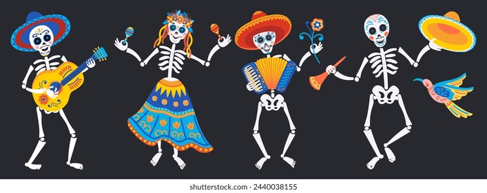 The day of the Dead. Mariachi skeleton band with musical instruments and lettering.Vector Set on black background