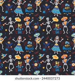 The day of the Dead. Mariachi skeleton group with musical instruments and lettering. Colorful vector seamless pattern