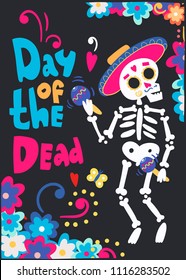 Day of the dead. Mariachi skeleton. Hand drawn colored vector greeting card