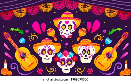 Day of dead mexiacan greeting banner with colourful sugar skulls, guitars and sombrero, paper traditional garland