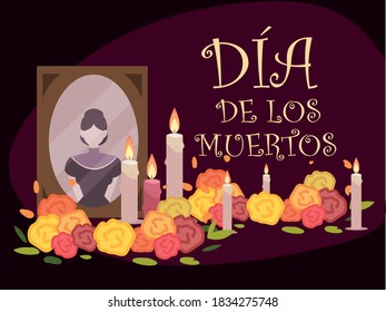 day of the dead, mexican altar with photo candles ad flowers celebration vector illustration