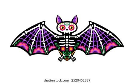 Day of the dead Mexican bat animal skeleton tattoo. Vector flittermouse sugar skull with outspread wings and intricate floral patterns, symbolizing night, remembrance and cycle of life and death