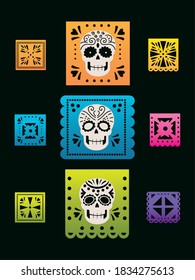day of the dead, mexican bunting with skulls and flowers celebration vector illustration