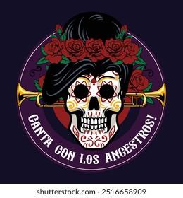 Day of the Dead Mexican Calavera Catrina Skulls with Trumpet and Red Roses Holiday vector hand drawn cartoon illustration for sticker, badge, patch, banner, greeting card, invitation