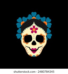 Tag des toten mexikanischen Calavera-Schädels. Mexiko Dia de los Muertos Urlaub Catrina Maske oder Totengesicht Tattoo, Hispanische Kultur Halloween Feier Frau Skelett Kopf Vektorgrafik Symbol mit Blumenkranz