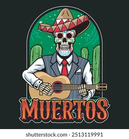 Dia do Morto Mexicano Calavera sombrero Skulls Natal vetor mão desenhada ilustração cartoon para adesivo, distintivo, remendo, faixa, cartão de saudação, convite