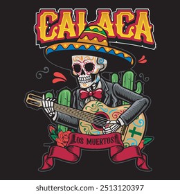 Dia do Morto Mexicano Calavera sombrero Skulls Natal vetor mão desenhada ilustração cartoon para adesivo, distintivo, remendo, faixa, cartão de saudação, convite