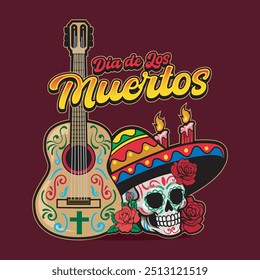 Tag der Toten Mexikanischer Calavera Sombrero Skulls Holiday, handgezeichnete Cartoon-Illustration für Aufkleber, Abzeichen, Patch, Banner, Grußkarte, Einladung