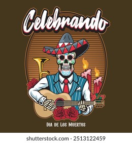 Dia do Morto Mexicano Calavera sombrero Skulls Natal vetor mão desenhada ilustração cartoon para adesivo, distintivo, remendo, faixa, cartão de saudação, convite