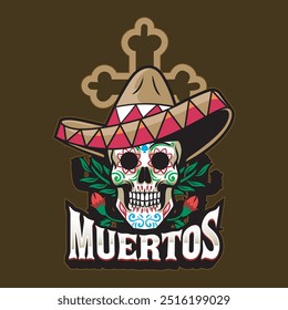 Dia do Morto Mexicano Calavera sombrero Skulls Natal vetor mão desenhada ilustração cartoon para adesivo, distintivo, remendo, faixa, cartão de saudação, convite