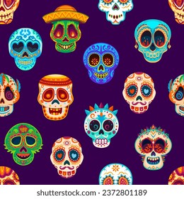 Day Of Dead Mexican calavera sugar skulls seamless pattern. Dia de Los Muertos holiday fabric print, Mexican seamless wallpaper or textile colorful background with ornate funny calavera skulls