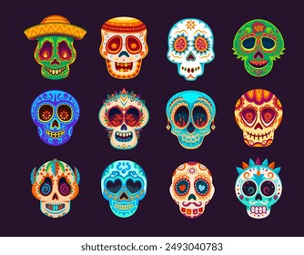 Day Of Dead Mexican calavera sugar skulls. Dia de Los Muertos holiday skulls collection, Mexican holiday, carnival or Halloween celebration party isolated vector ornate masks set