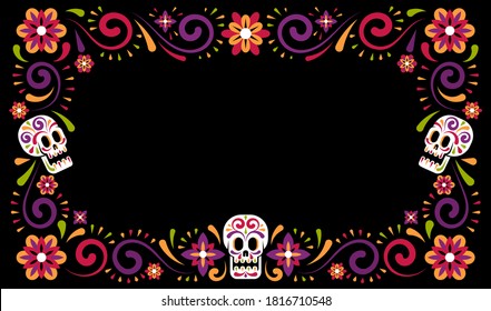 Day of dead mexican carnival celebration frame design with sugar skull. Dia de muertos Holiday flower border. Vector illustration.