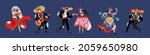 Day of dead, Mexican carnival holiday vector illustration. Cartoon music dance party, woman man dancer characters with horror death tattoo in traditional dresses dancing isolated on blue background