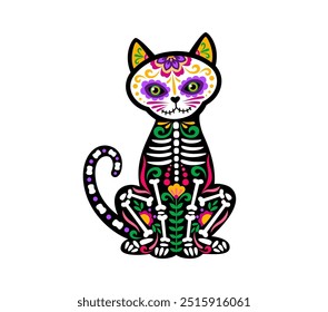 Day of the dead Mexican cat animal skeleton tattoo. Vector sugar skull kitten figure with skeleton bones and floral pattern, symbolizing celebration and Mexican culture for Muertos and Halloween event