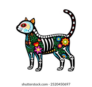 Día del tatuaje de esqueleto de animal de gato mexicano muerto. Colorida figura de calavera de azúcar de mascota felina, con ricos patrones y huesos, celebra la memoria de las mascotas fallecidas. Vector Dia de Los Muertos gatito