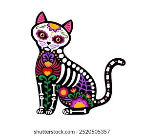 Día del tatuaje de esqueleto de animal de gato mexicano muerto. Vector de dibujos animados aislado día de los Muertos felino gatito mascota calavera de azúcar, con coloridos patrones de alebrije floral y vibrantes detalles del esqueleto