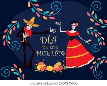 day of the dead, mexican catrina skeleton and flowers decoration celebration vector illustration