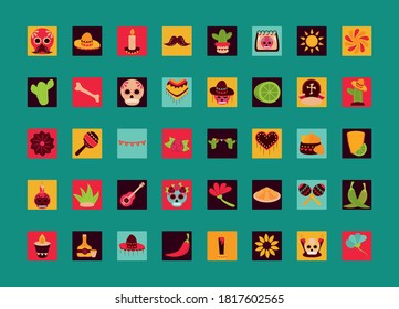 day of the dead, mexican celebration decoration ornament traditional block and flat style collection icons vector illustration
