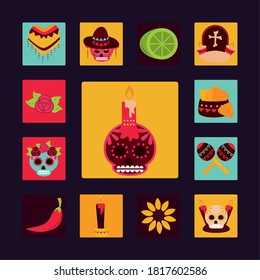 day of the dead, mexican celebration decoration ornament traditional block and flat style pack icons