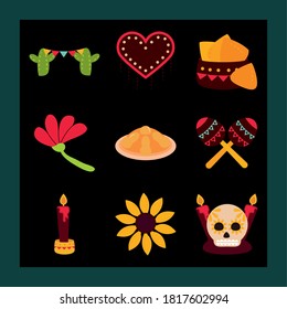 day of the dead, mexican celebration decoration ornament traditional flat style pack icons