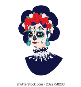 Day of the dead. Mexican celebration. Festival. Face painting. Happy Halloween. Dia de los Muertos. Girl with festive makeup and costume. Vector illustration in isolated background. 